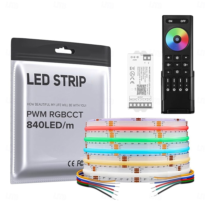 COB LED Strip RGBCCT Color Changing 16.4FT 840LED/m Flexible High Density Light  Optional RF 2.4GHz Wireless Remote Tuya Controller 4 Zones Group Control PWM RGBCCT3