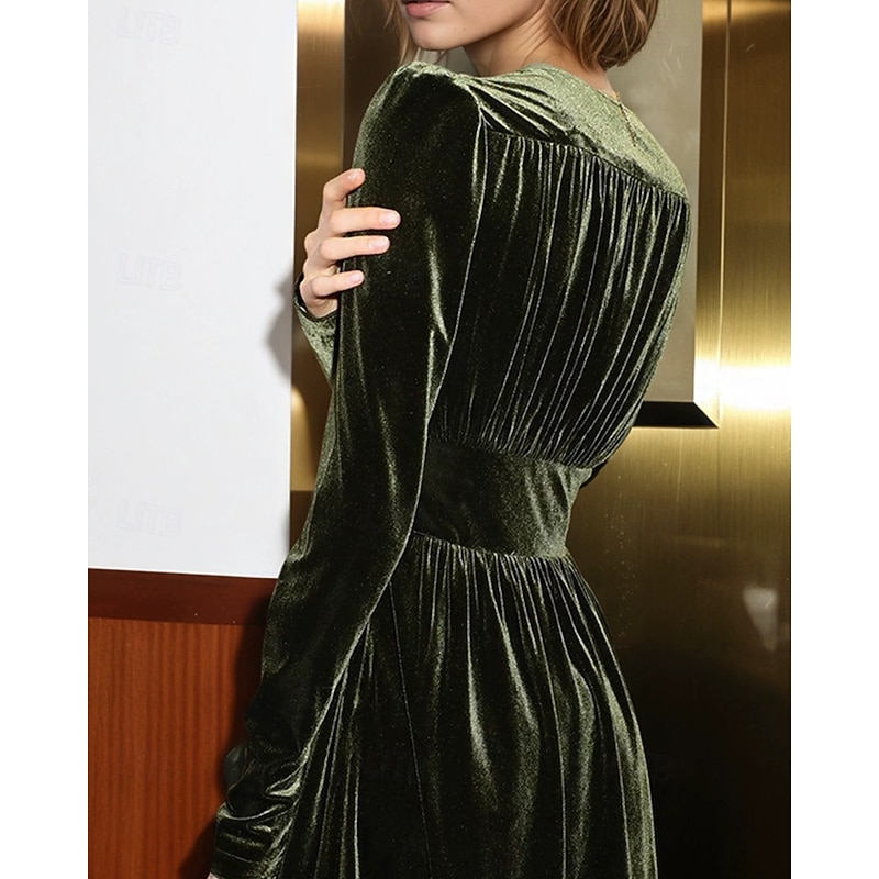 Women's Midi Dress Velvet Dress Cocktail Dress Elegant Vintage Fashion Outdoor Party Party Evening Wear Slim Plain Long Sleeve V Neck Dark Green Spring Autumn3