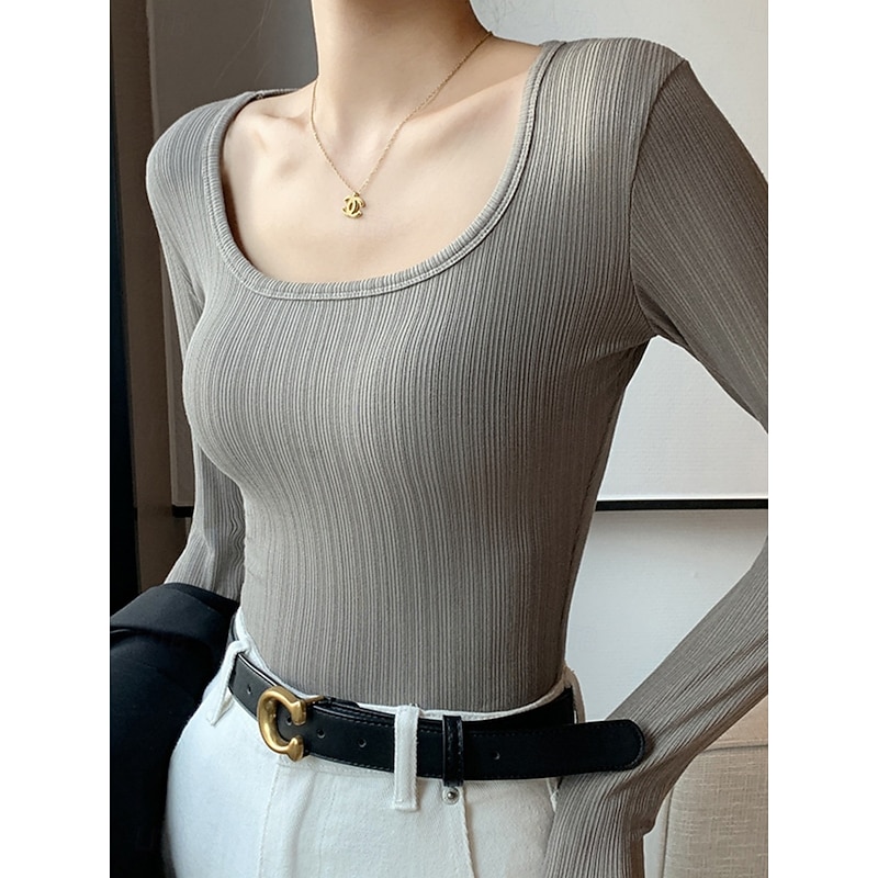 Women's Blouse Solid Color Elegant Stylish Basic Long Sleeve Scoop Neck Regular Tops Daily Black White Army Green Green Dark Gray Spring Fall Winter