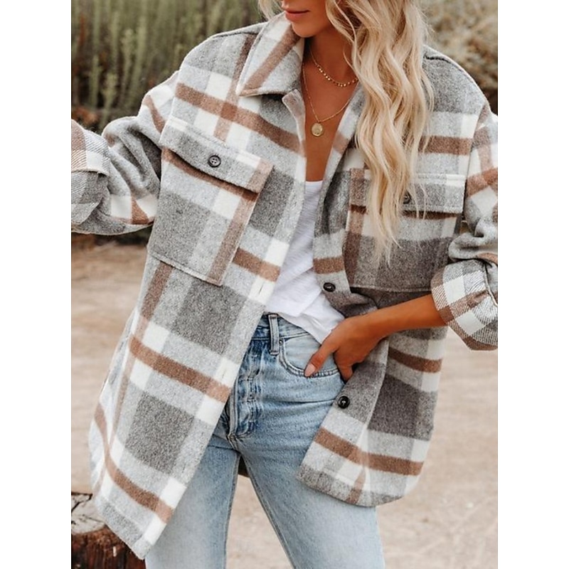 Women's Winter Jacket Casual Jacket Comfortable Breathable Pocket Buttons Print Casual Plaid Vacation Street Casual Daily Wear Single Breasted Regular Turndown Regular Fit Long Sleeve Outerwear Black3