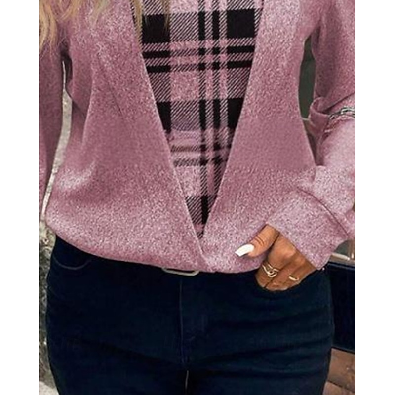 Women's Shirt Blouse Plaid Stylish Basic Casual Long Sleeve Square Neck Regular Tops Daily Holiday Print Pink Spring Fall Winter3