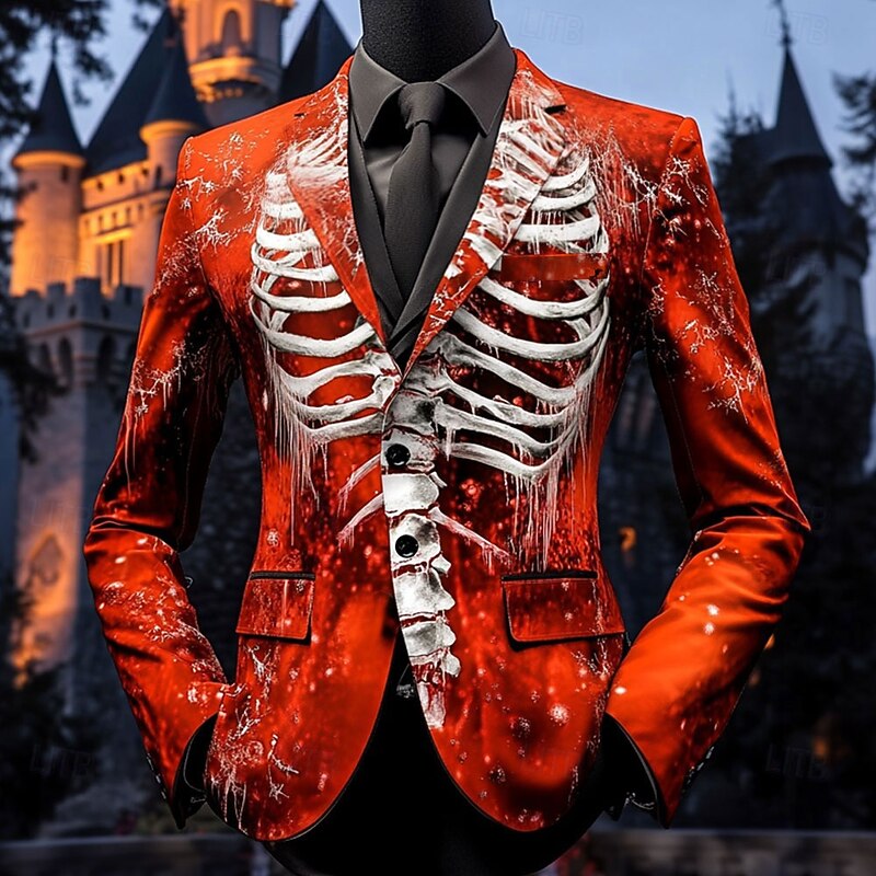 Men's Skeleton Blazer Jacket Comfortable Casual Dark Party Evening Wear Daily Festival 3D Print Buttons Multi Pocket Spring Fall & Winter Notch Long Sleeve Red Blue Purple