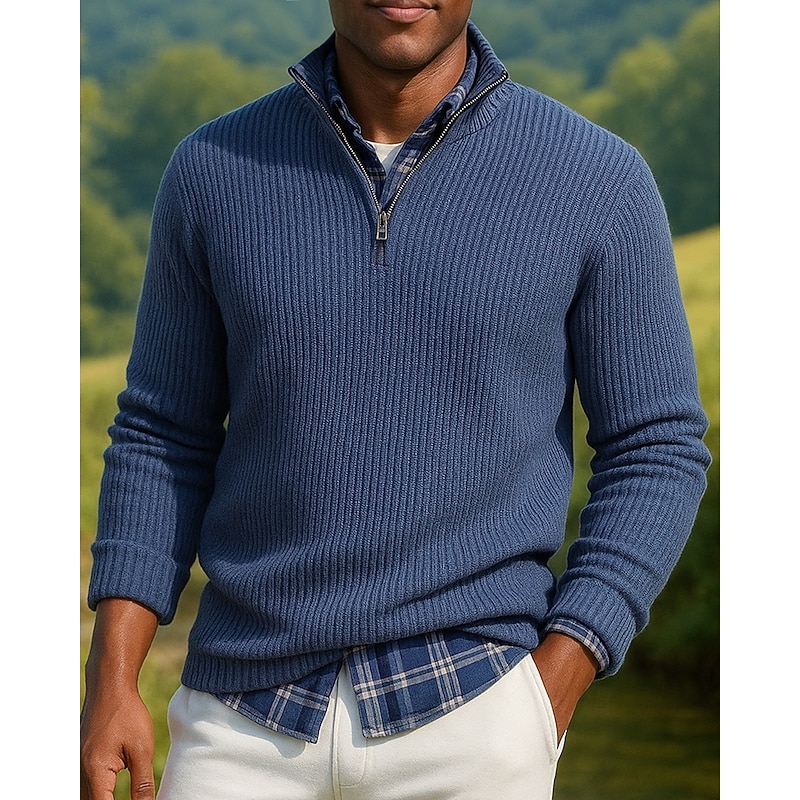 Men's Quarter Zip Sweatshirt Long Sleeve Stand Collar Top Outdoor Thermal Warm Winter Polyester Black Red Blue Tennis Golf Running - Main Image