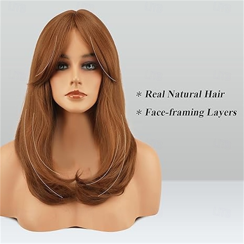 Wigs with Bangs for Women Synthetic Natural Looking Long Layered Straight Auburn Hair Wig for Women Daily Party Use 18 inch4