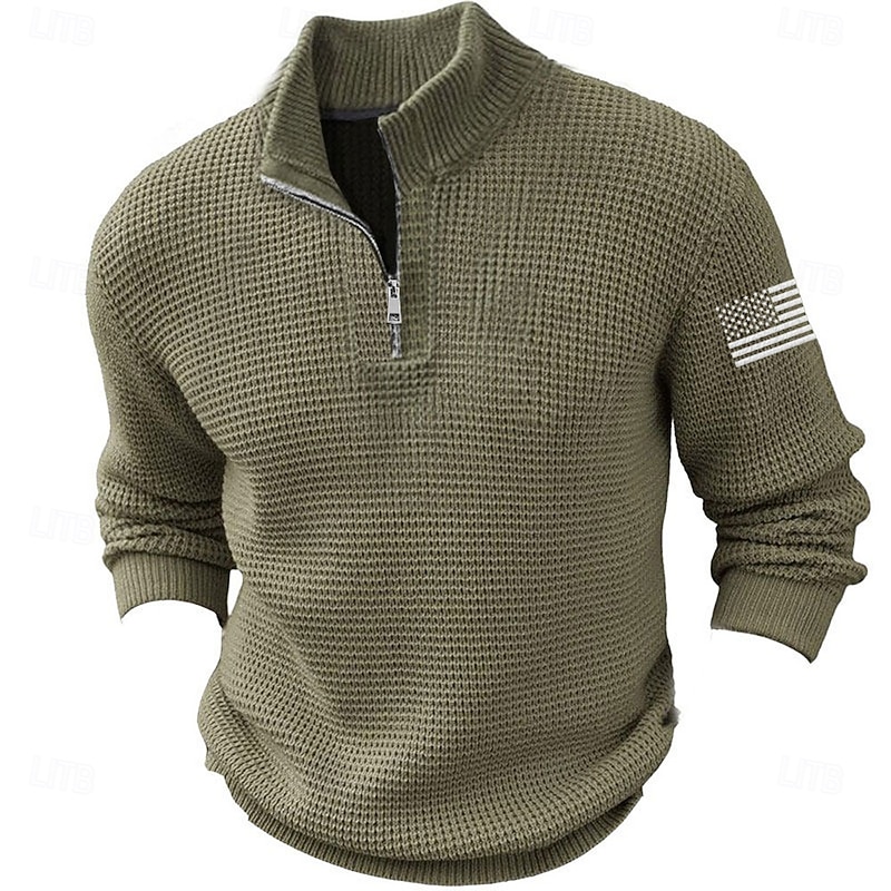 Men's American US Flag Pullover Sweater Jumper Zip Sweater Sweater Polo Zip Collar Casual School Vacation Daily Embroidered Zipper Knitting Long Sleeve Spring Fall Winter Black Brown Military Green2