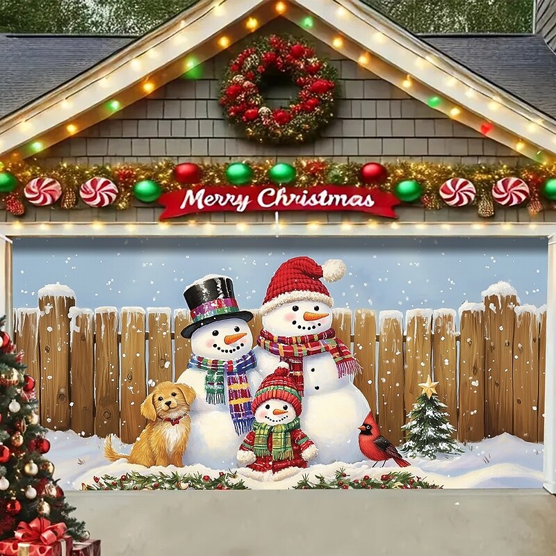 Christmas Outdoor Garage Door Cover Snowman Family Santa Hat Christmas Tree Puppy Fence Snowy Day Large Tapestry Backdrop Holiday Party Wall Decoration For Outdoor Garage Door Home Festival Decor2