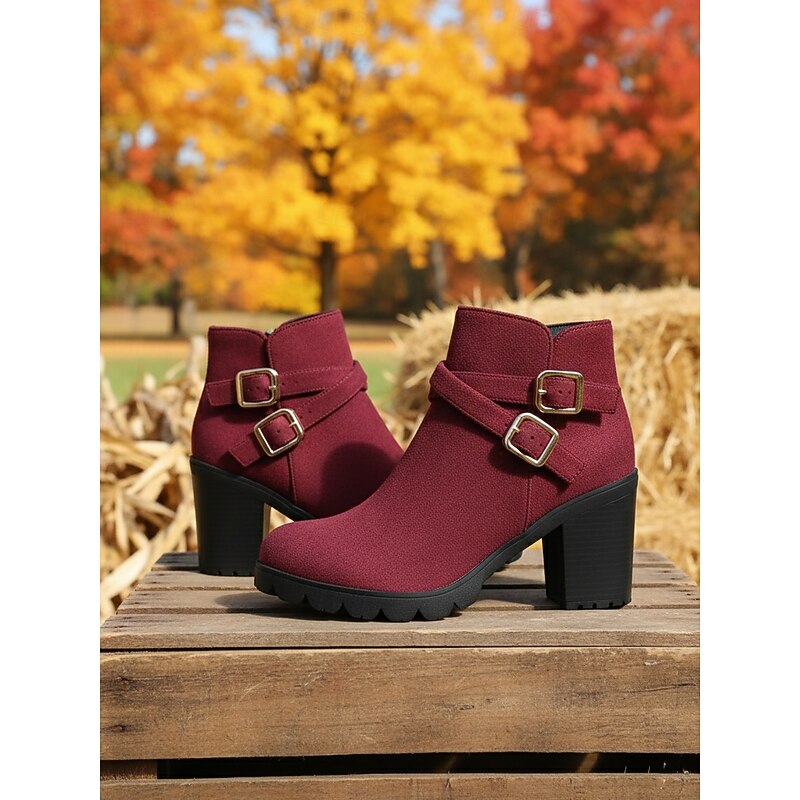 Women's Suede Ankle Boots with Double Buckle Straps and Block Heels, Casual Footwear for Everyday Outfits3