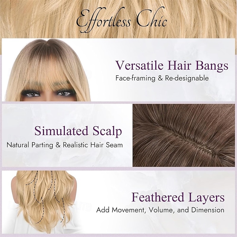 Ombre Blonde Layered Wig with Bangs - 20 Inch Blonde Ombre Layered Wig with Dark Roots for Women - Natural Looking Soft Wavy Synthetic Sabrina Wigs Layers Fringe Daily3
