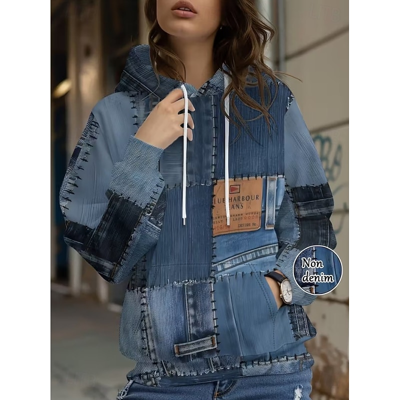 Women's Pullover Hoodie Sweatshirt Graphic Geometric Punk Active Vintage Long Sleeve Hooded Regular Tops Street Dailywear Patchwork Print Front Pocket Denim Blue Blue Fuchsia Light Blue Spring Fall2