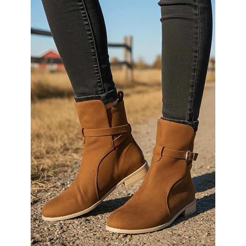 Women's Dark Brown Ankle Boots – Classic Buckle Strap Flat Casual Boots for Fall Outfits, Shopping and Everyday Wear3