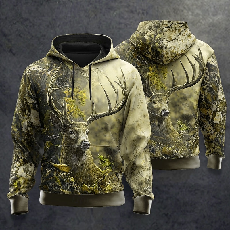 Men's Deer Hoodie Sweatshirt Fashion Classic Crew Neck Outdoor Hunting Yellow Red Drawstring Fall Winter Designer3