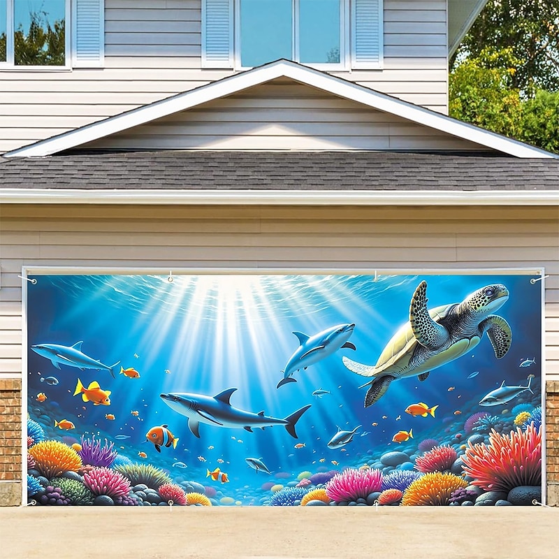 Tapestry Garage Door Cover Large Hanging Backdrop Sea Turtle Sharks Ocean Tropical Colorful 3D Party Outdoor Shooting Backgrounds Front Door Home Decor3