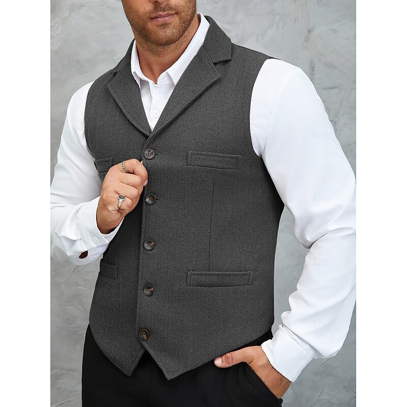 Men's Tweed Vest Waistcoat Formal Wedding Vacation Daily Fashion Classic Spring Fall Pocket Buttons Tweed Polyester Comfortable Plain Herringbone Single Breasted Notch lapel collar Regular Fit Black