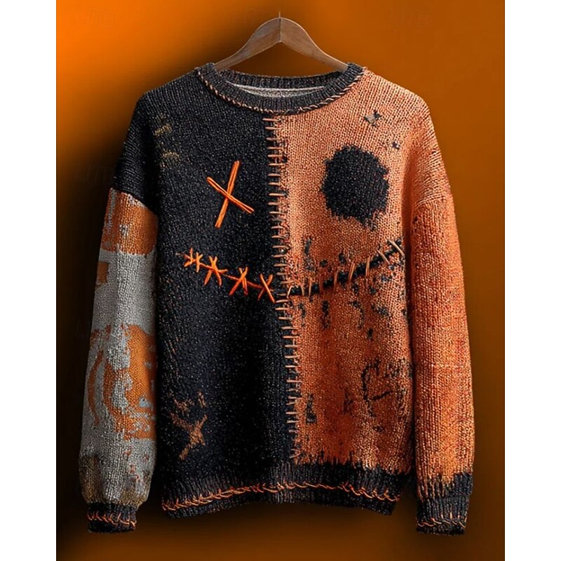 Men's Pullover Sweater Jumper Knit Sweater Ribbed Knit Regular Tops Knitted Print Pumpkin Crew Neck Halloween Vacation Daily Wear Clothing Apparel Drop Shoulder Fall Winter Pumpkin S M L2