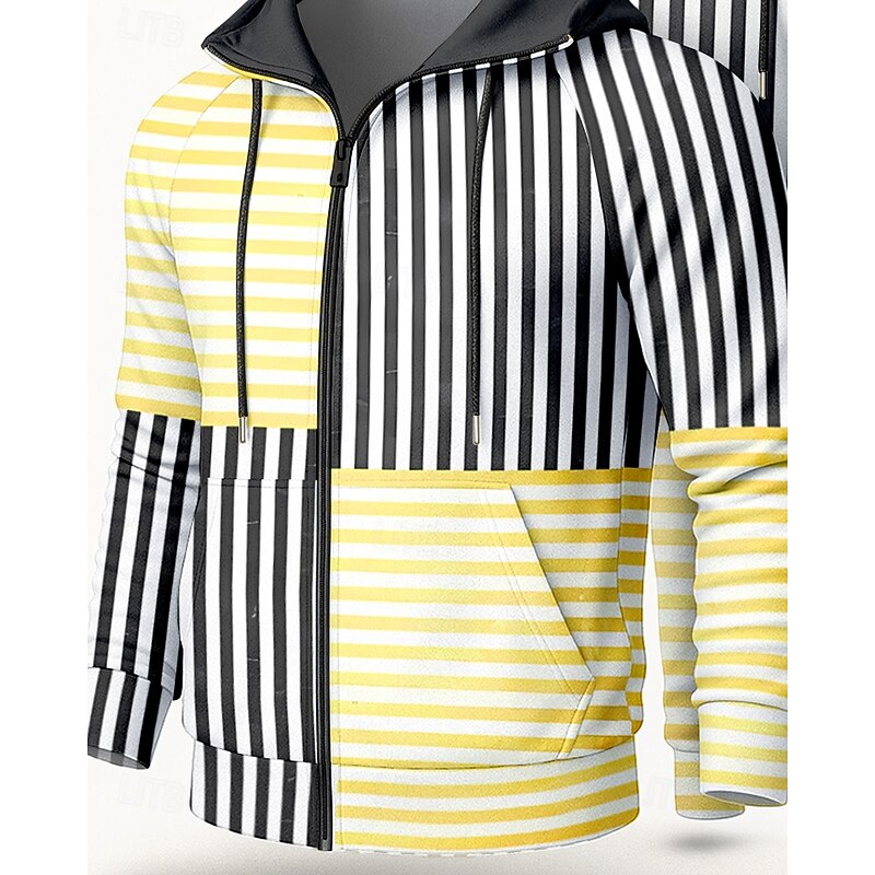 Men's Hoodie Tracksuit 2 Piece Tracksuit Drawstring Zip Up Striped Clothing Suit Fall Yellow Vocation Outdoor Travel Lightweight Fashion Long Sleeve Sport Activewear Stretchy Regular Fit3