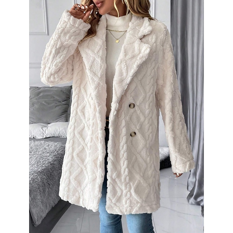 Women's Sherpa Jacket Comfortable Breathable Buttons Casual Plain Vacation Street Casual Daily Wear Double Breasted Long Turndown Regular Fit Long Sleeve Outerwear White Spring Fall