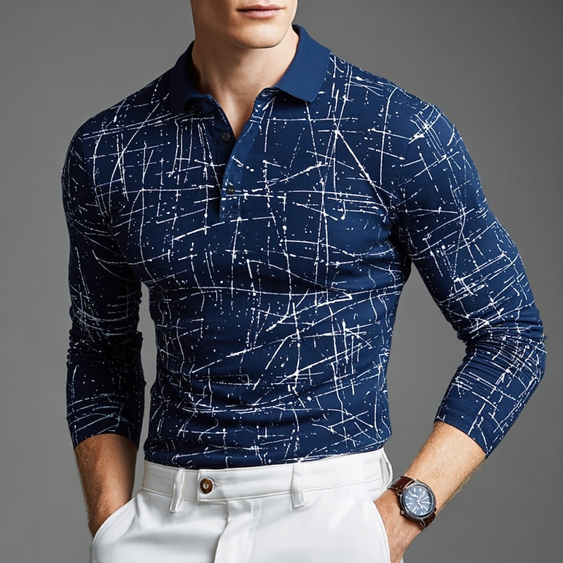 Men's Geometic Polo Long Sleeve Polo Shirts Lapel Casual Outdoor Street Athleisure Daily Wear 3D Print Buttons Spring Fall Winter Blue