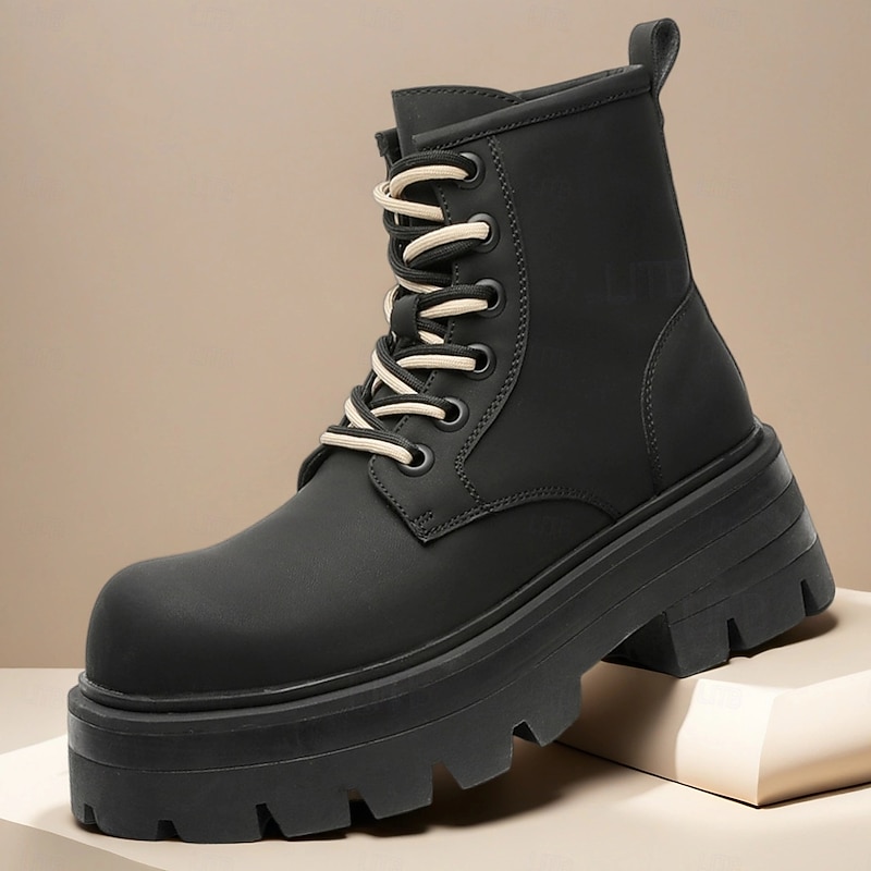 Men's Black Heavy-Duty Lace-Up Combat Boots with Thick Lug Sole, Waterproof Faux Leather, Military Outdoor Style for Work, Hiking and Fashion Wear