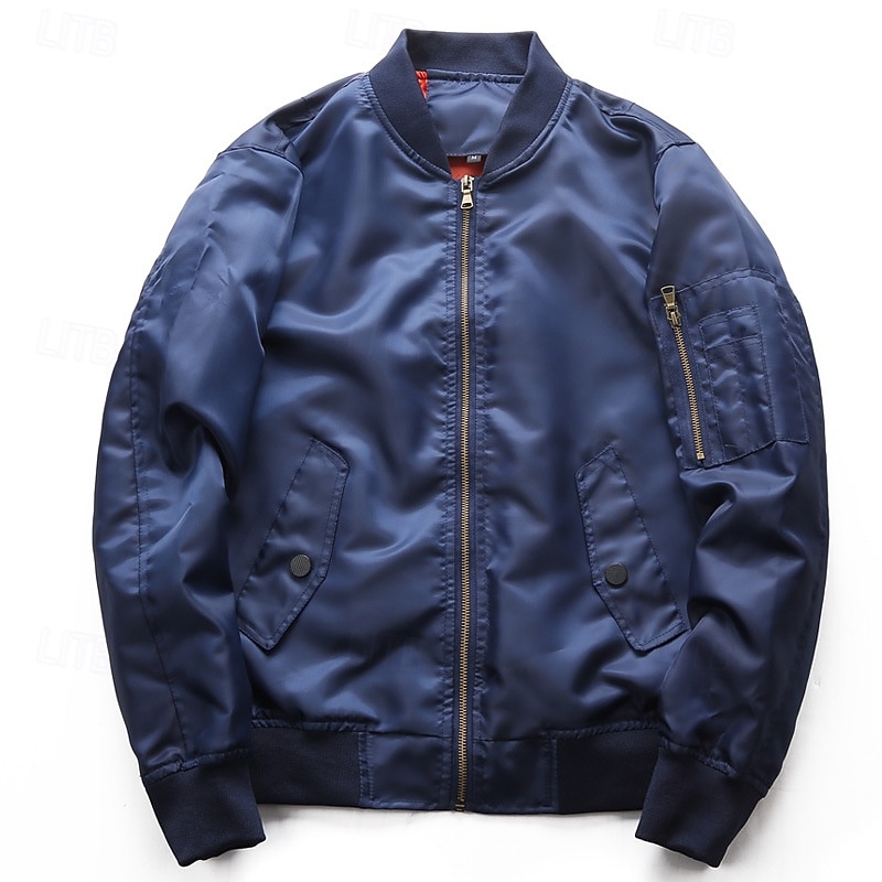 Men's Bomber Jacket Military Jacket Formal Home Windbreaker Pocket Plain Spring Fall Solid Color Active Neutral Collarless Short Black Blue Green Jacket4