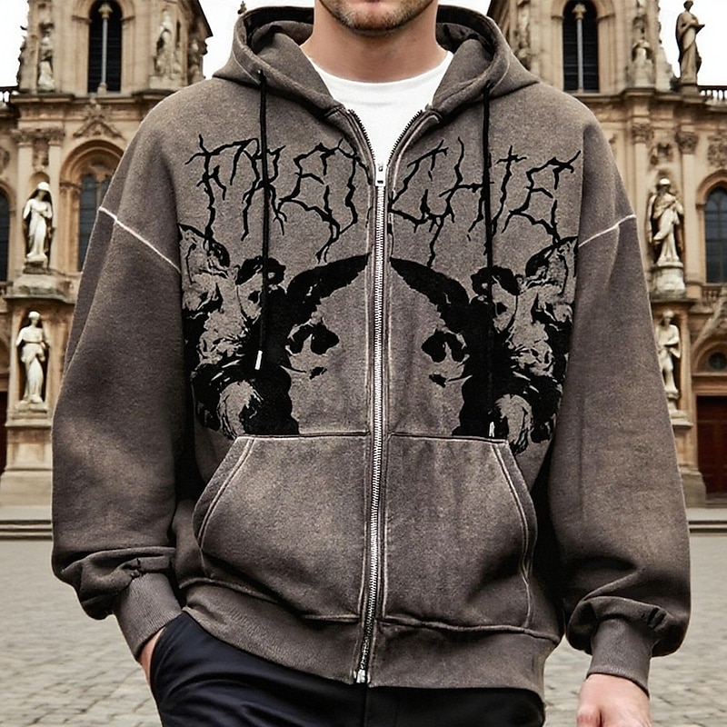 Men's Graphic Hoodie Fashion Daily Hooded Outdoor Vacation Streetwear Black White Zip Up Pocket Printing Spring Fall Designer