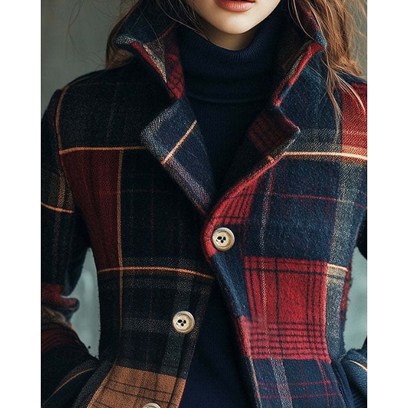 Women's Blazer Warm Comfortable Pocket Buttons Casual Plaid Vacation Going out Weekend Regular Stand Collar Regular Fit Long Sleeve Outerwear Red Fall Winter2