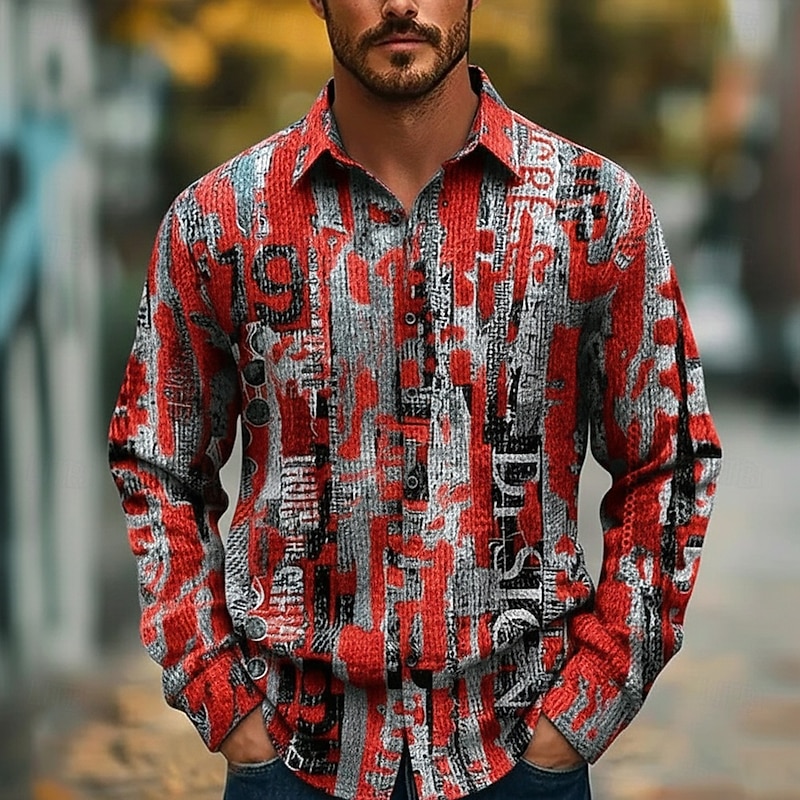Men's Abstract Art Color-blocking Shirt Button Up Shirt Long Sleeve Vintage Retro Holiday Casual Daily Spring Fall Turndown 3D Print Collared Shirts Red Blue Orange Green3