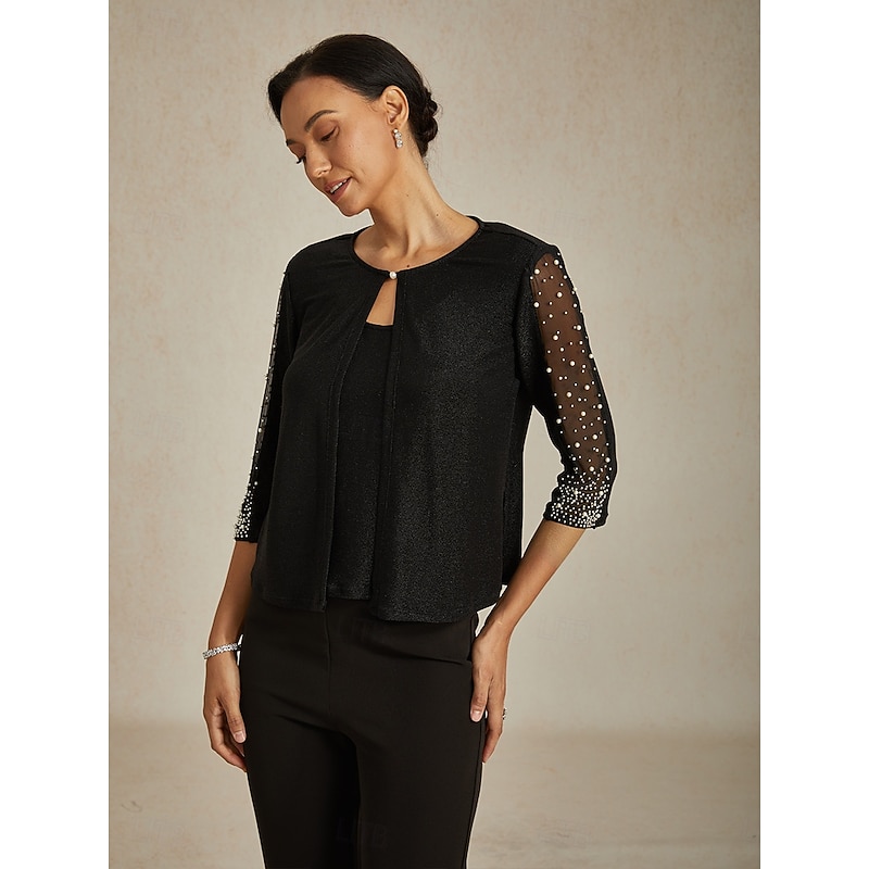 Women's Dressy Tops Evening Tops Elegant Party Beaded Glitter Rhinestone 3/4 Length Sleeve Crew Neck Wedding Guest Work Party Evening Wear Glitter Beaded Rhinestone Black Spring, Fall, Winter, Summer