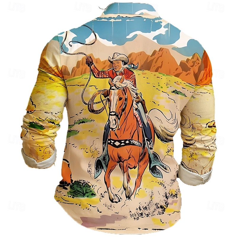 Men's Mountain Horse Racing Shirt Western Shirt Cowboy Shirt Long Sleeve Vintage Retro Outdoor Casual WorkWear Spring Fall Turndown 3D Print Linen Like Shirt Khaki2