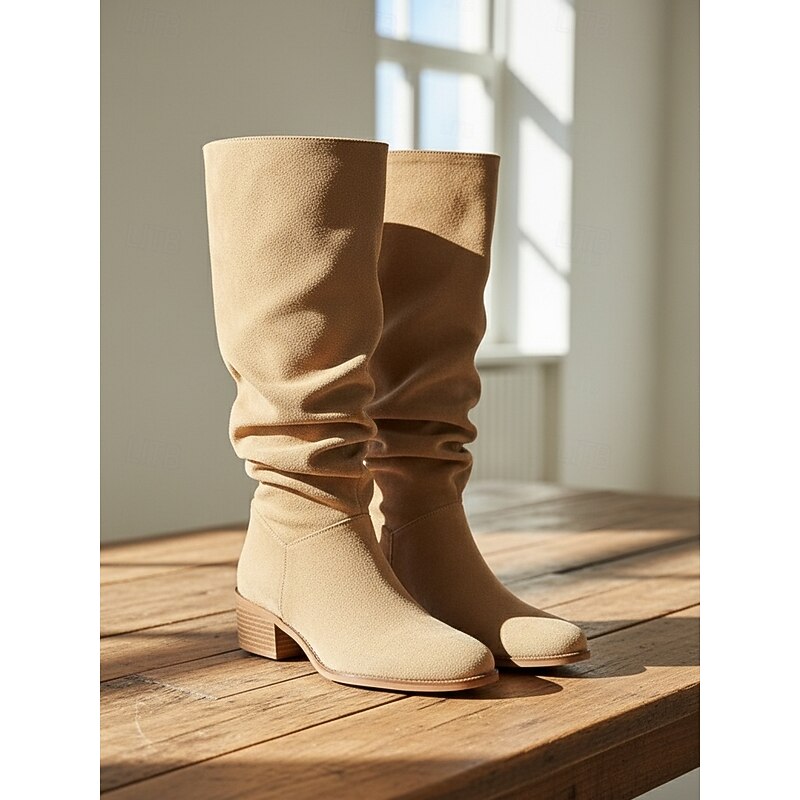 Women's Wide Calf Suede Slouchy Knee High Boots with Low Block Heel -Casual Comfortable Footwear for Fashionable Urban Streetwear and Everyday Outfits2