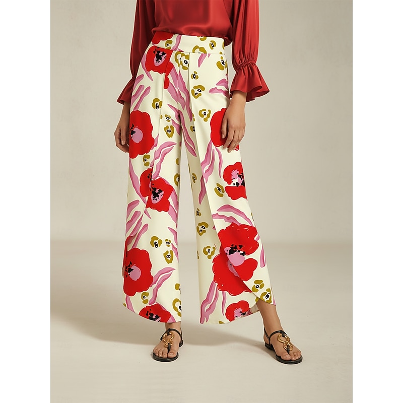 Women's Wide Leg Pants Satin Red Floral Print Front Overlap Slit Spring Autumn
