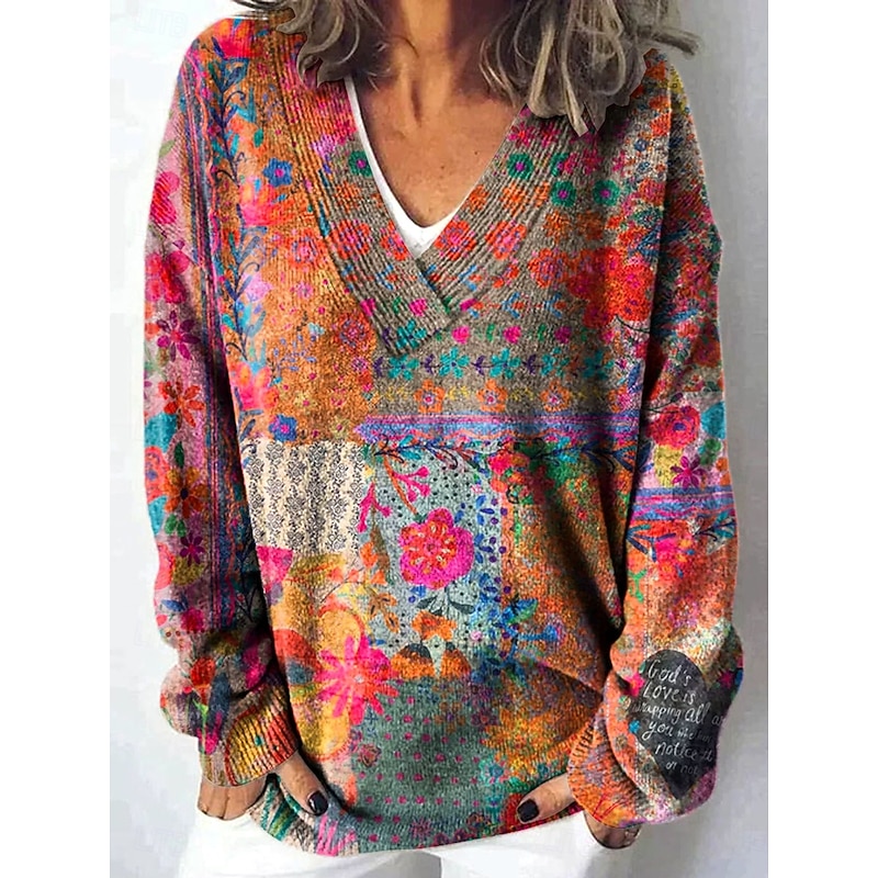 Women's Cardigan Daily Floral Graphic Geometric Ribbed Crew Neck V Neck Buttons Print Long Sleeve Regular Tops Knit Outdoor Weekend Red Brown Black Spring Fall