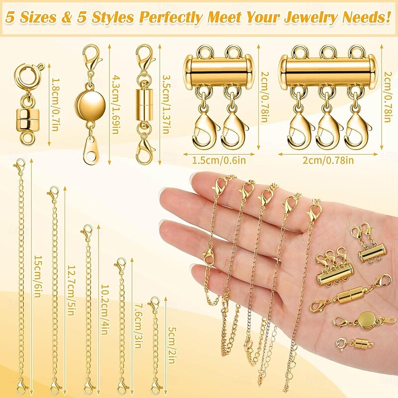26 Pcs Necklace Extender and Magnetic Jewelry Clasp, Includ 5 Size & 5 Style Magnetic Clasps, Necklace Layering Clasps and Bracelet Extender Chain for Easier Wearing Jewelry Repair2