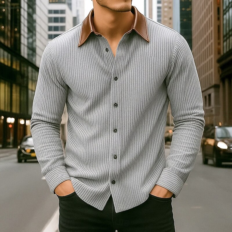 Men's Corduroy Shirt Black Navy Blue Brown Gray Long Sleeve Striped Turndown School Training Buttons Clothing Apparel Vintage Casual2