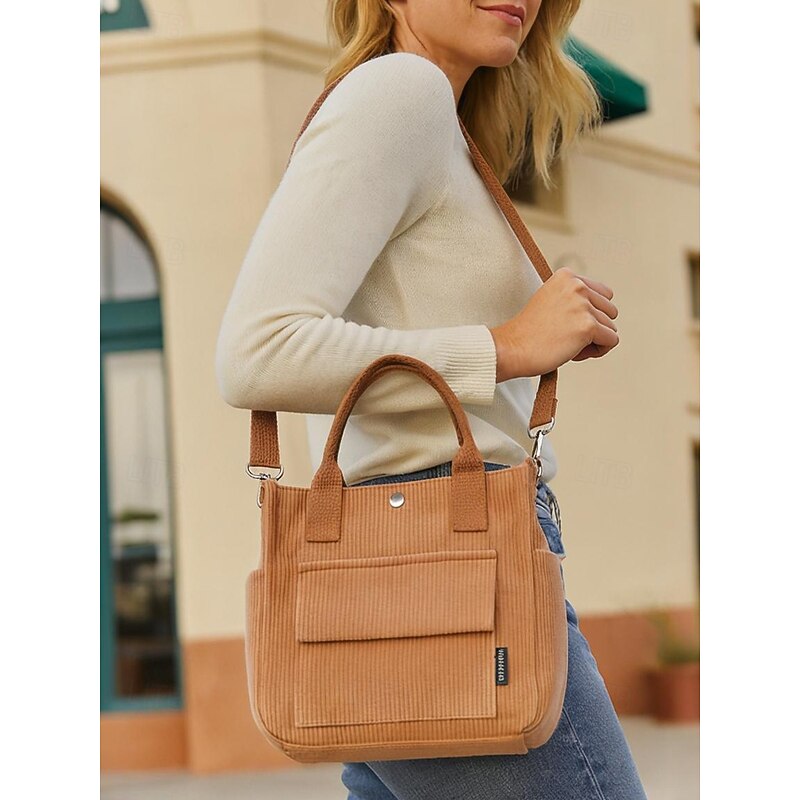 Women's Corduroy Tote Bag with Shoulder Strap – Casual Vintage Crossbody Handbag for Work, Travel, Shopping & Everyday Use2