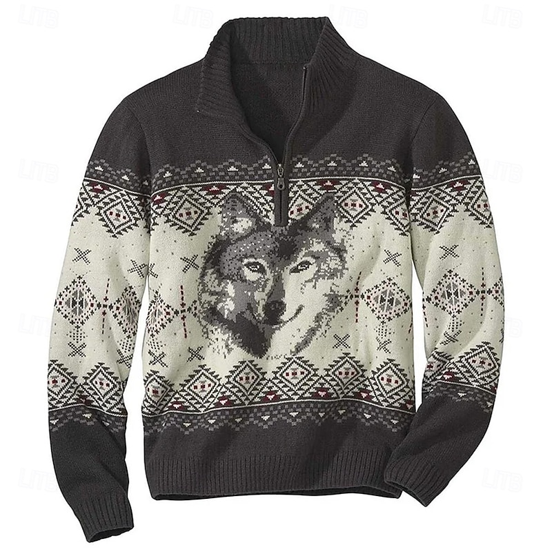 Men's Animal Wolf Geometic Fair Isle Sweater Zip Sweater Sweater Polo Zip Collar Casual Vacation Home Daily Zipper Knitting Keep Warm Long Sleeve Fall Winter Gray2