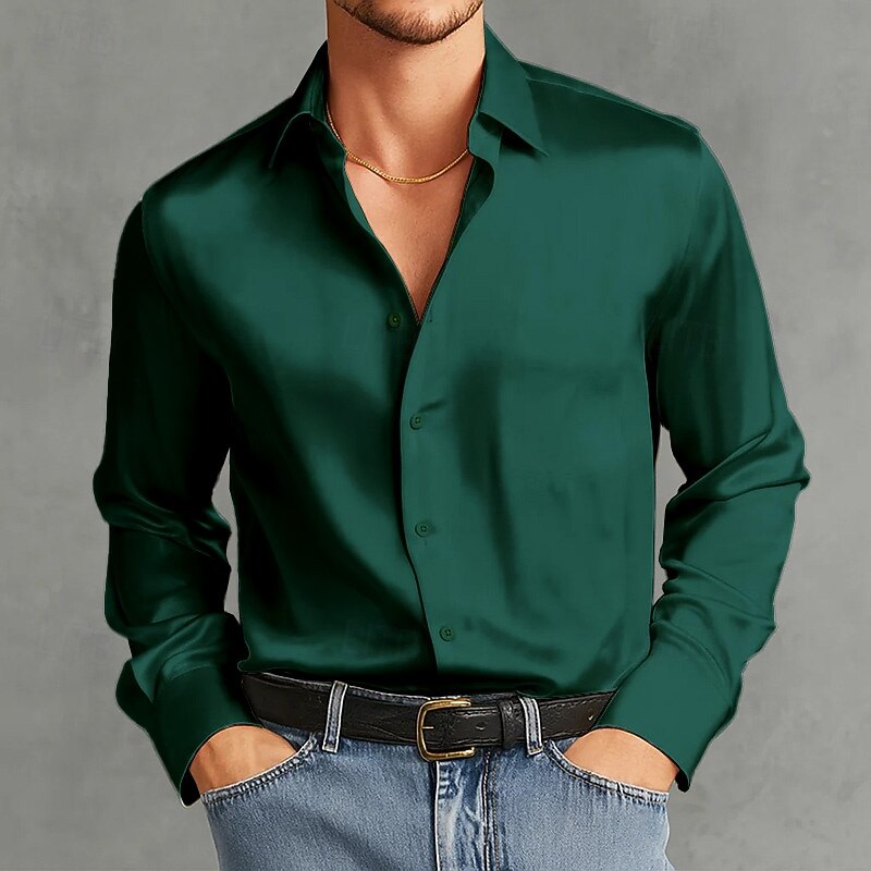 Men's Shirt Satin Shirt Dress Shirt Casual Shirt Button Up Shirt Prom Shirt Plain Formal Wedding Light Blue Black White Wine Long Sleeve Lapel All Seasons Clothing Apparel Pocket4