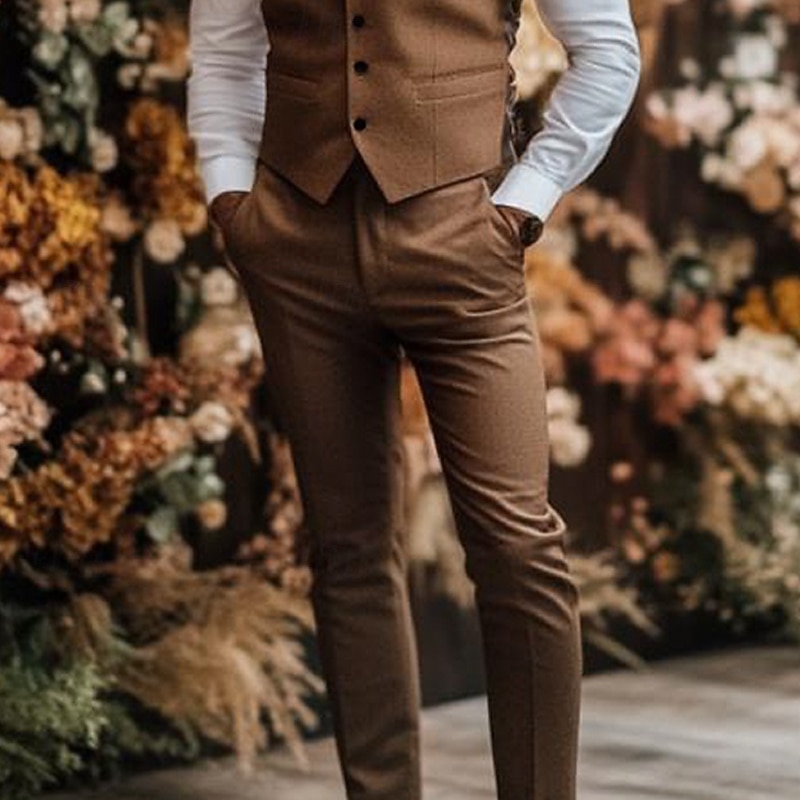 Men's Wedding Business Party Suits Notch Lapel Brown Daily Formal Solid Colored Tailored Fit 2 Piece4