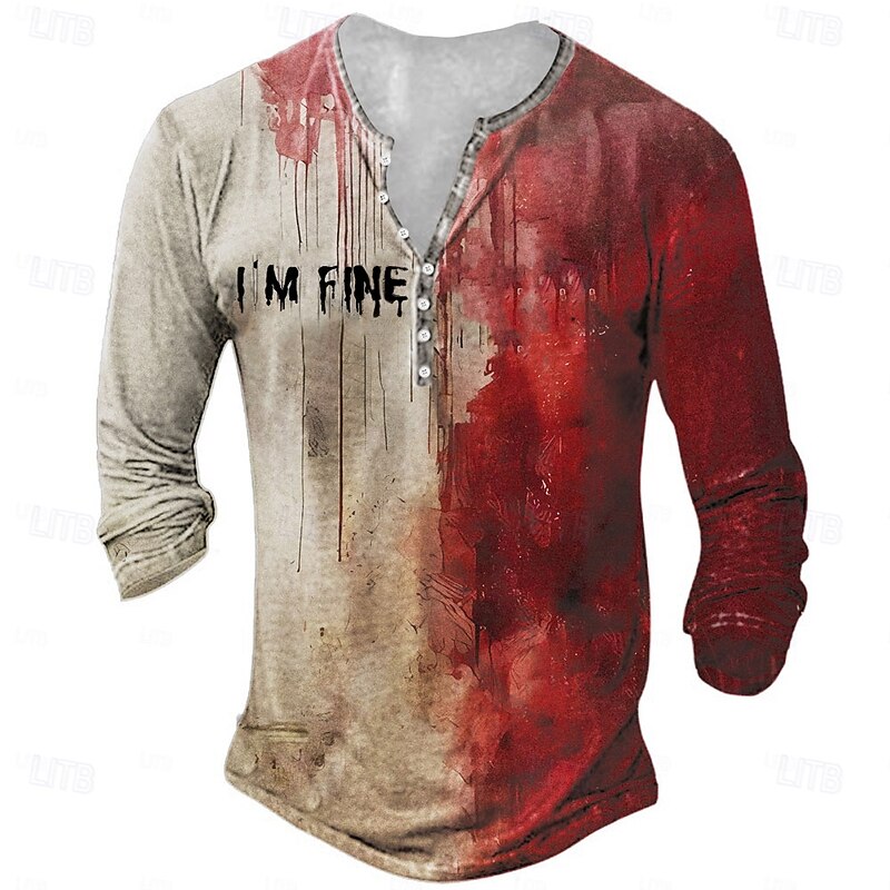 Halloween Men's Blood Splatter Blood stains T Shirt Henley Shirt Long Sleeve T shirt 3D Print Henley Shirt Designer Retro Vintage Street Casual Red Khaki Summer Spring Fall Clothing Apparel S M L XL4