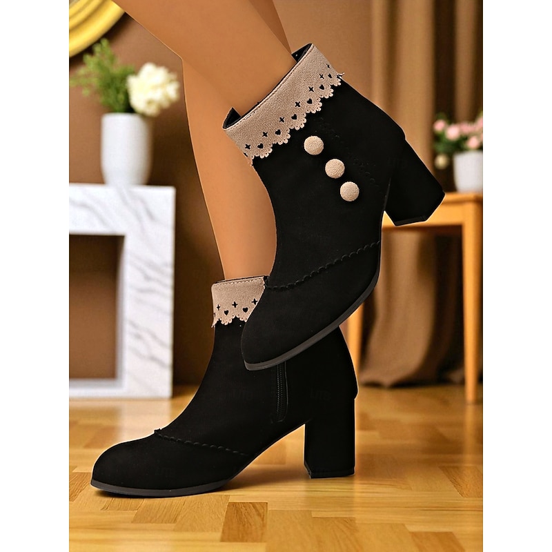Women's Edwardian Victorian Ankle Boots – 1950s Black Faux Suede Button-Up Booties with Eyelet Lace Trim for Vintage-Inspired Fall, Winter Outfits and Formal Events4