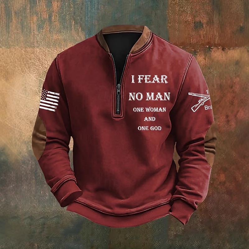 Men's Quarter Zip Sweatshirt Black White Wine Navy Blue Green Half Zip Letter American Flag Front Pocket Quarter Zip Daily Holiday Going out Polyester Vintage Retro Casual Fall Winter Clothing Apparel4