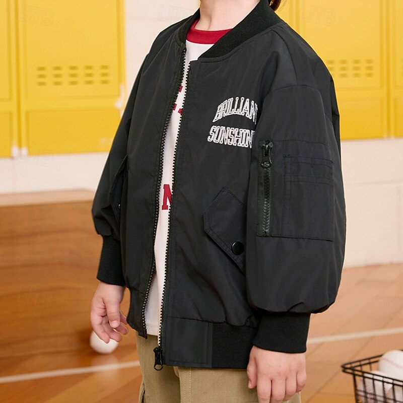 Kids Unisex Baseball Jackets Outerwear Letter Long Sleeve Zipper Pocket Comfort Soft Coat Outdoor Fashion Daily Black Green Spring Fall 4 years+2