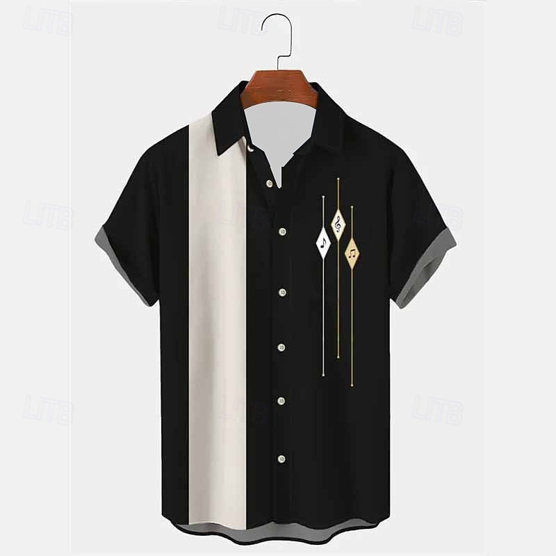 Men's Striped Geometric Pattern Vintage Shirt Bowling Shirt Button Up Shirt Short Sleeve Fashion Streetwear Designer Casual Going out Weekend Summer Spring Turndown Print Black