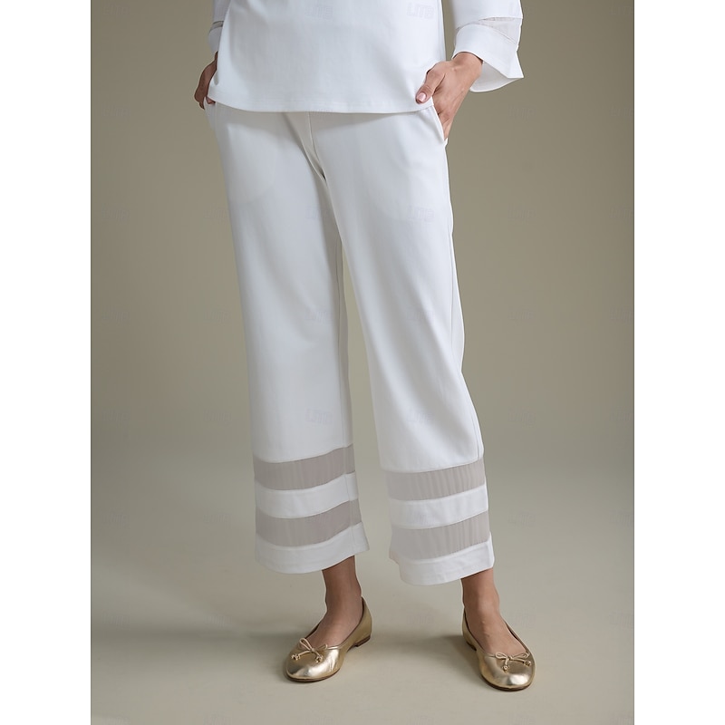 Women's White Modal Cropped Pants with Sheer Chiffon Hem Elastic Waist Loose Fit Comfortable Stylish Daily Work Fall3