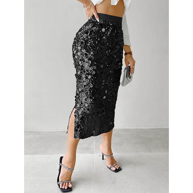 Women's Skirt Bodycon Elegant Fashion Midi High Waist Skirts Plain Sequins Stretchy Party Street Silver Black Gold Spring Polyester3
