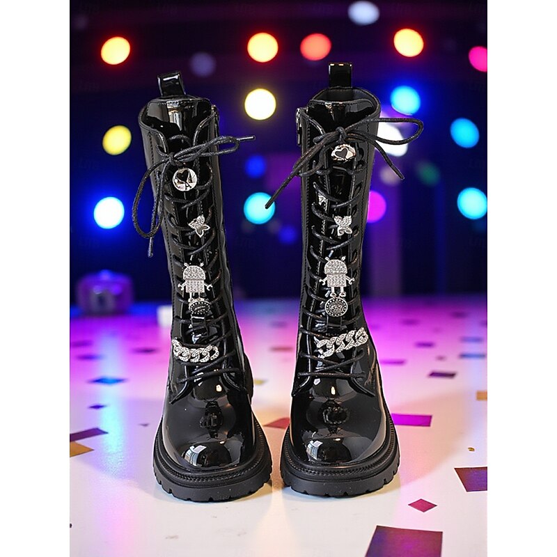 Korean Idol Inspired Pop Star Costume Shoes Girls' Black Patent Leather Lace-Up Knee High Boots with Side Zipper for Dance Performances and Stage Outfits2