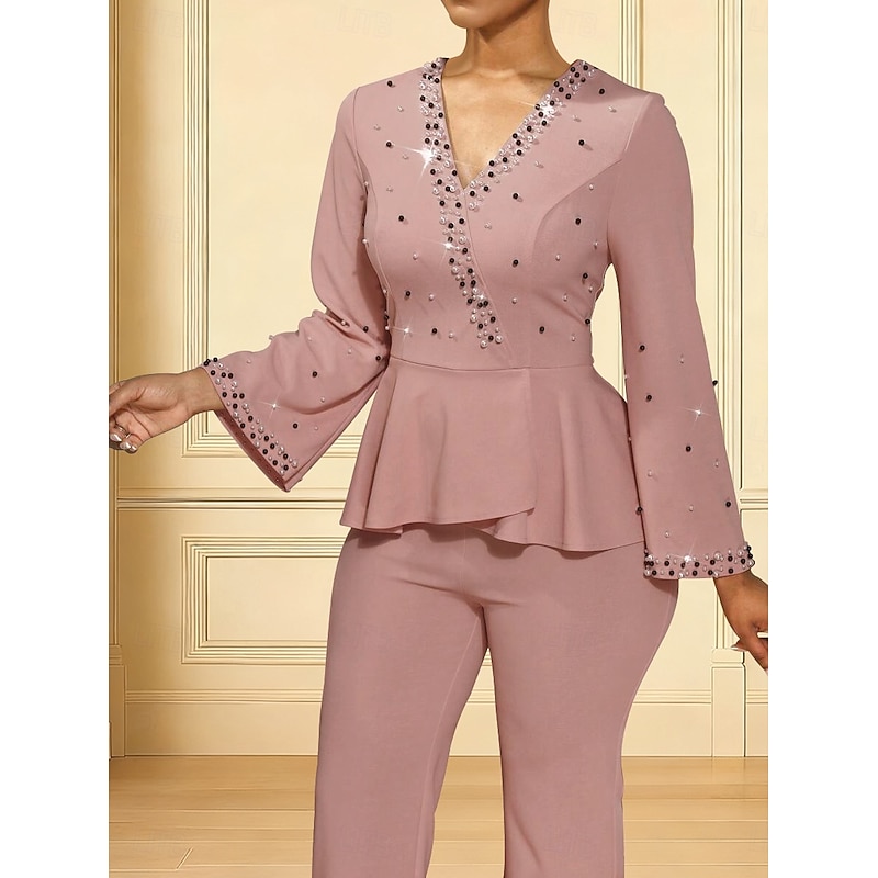 Jumpsuits Mother of the Bride Dress Elegant V Neck Ankle Length Stretch Fabric Long Sleeve with Ruffles3