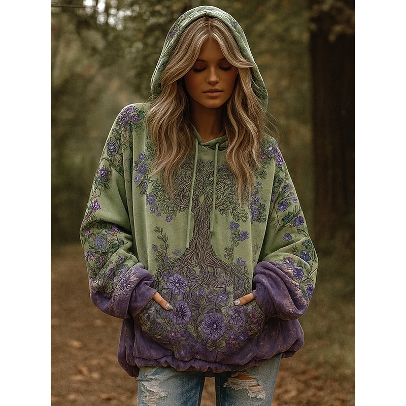 Women's 3D Print Vintage Boho Hoodie Patchwork Hoodie Sweatshirt Floral Viking Pullover Sweatshirt Floral Graphic Vintage Casual Long Sleeve Hooded  Street Print Front Pocket Green Spring Fall Winter2
