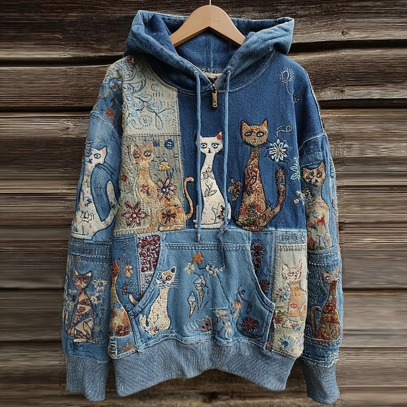 Women's Pullover Hoodie Sweatshirt Graphic Animal Cat Punk Active Vintage Long Sleeve Hooded Regular Tops Street Dailywear Print Front Pocket Denim Blue Blue Light Blue Spring Fall Winter2