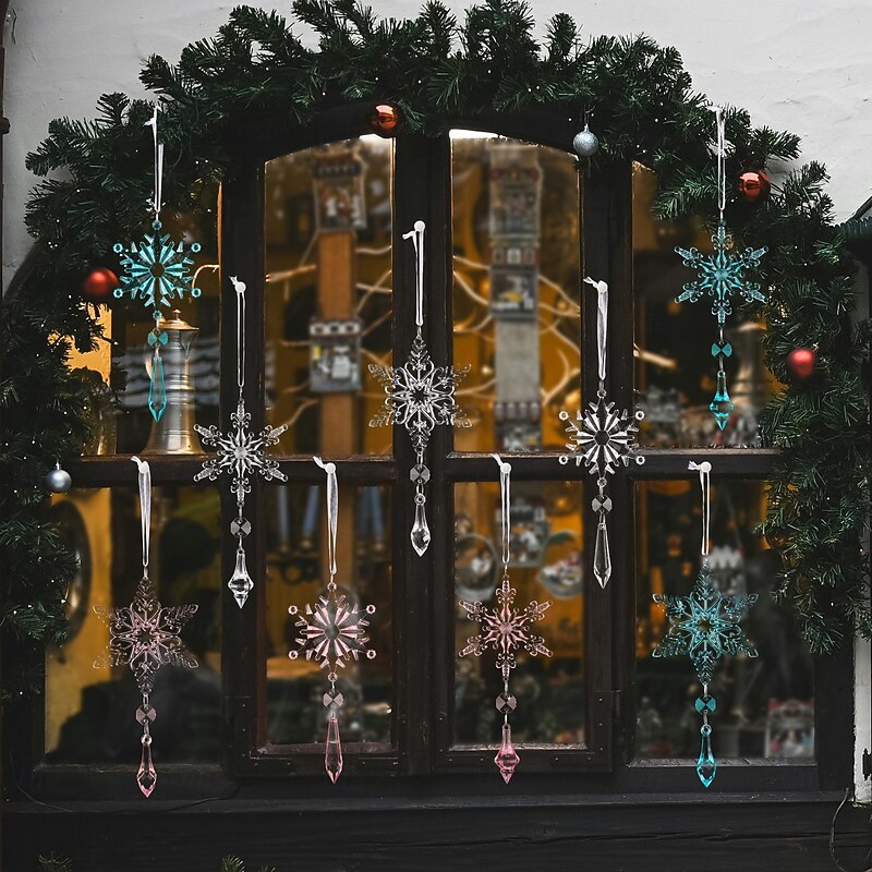 6pcs Christmas Crystal Snowflake Ornaments Hanging Decorations Winter Holiday Party Creative Snowflake String Decorations Xmas Tree Hanging Decor2
