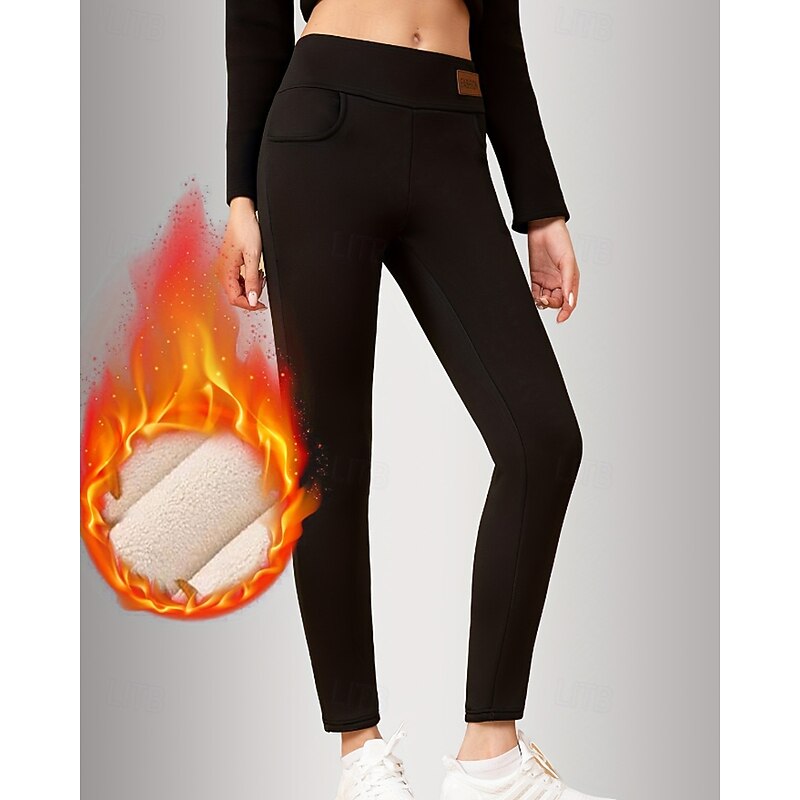 Women's Chinos Leggings Cozy Fleece Lined Casual Full Length Medium Waist Plain Elastic Waist Warm Comfortable Stretchy Outdoor Vacation Daily claret Dark-Gray Black Dark Navy Fall Winter Regular Fit4